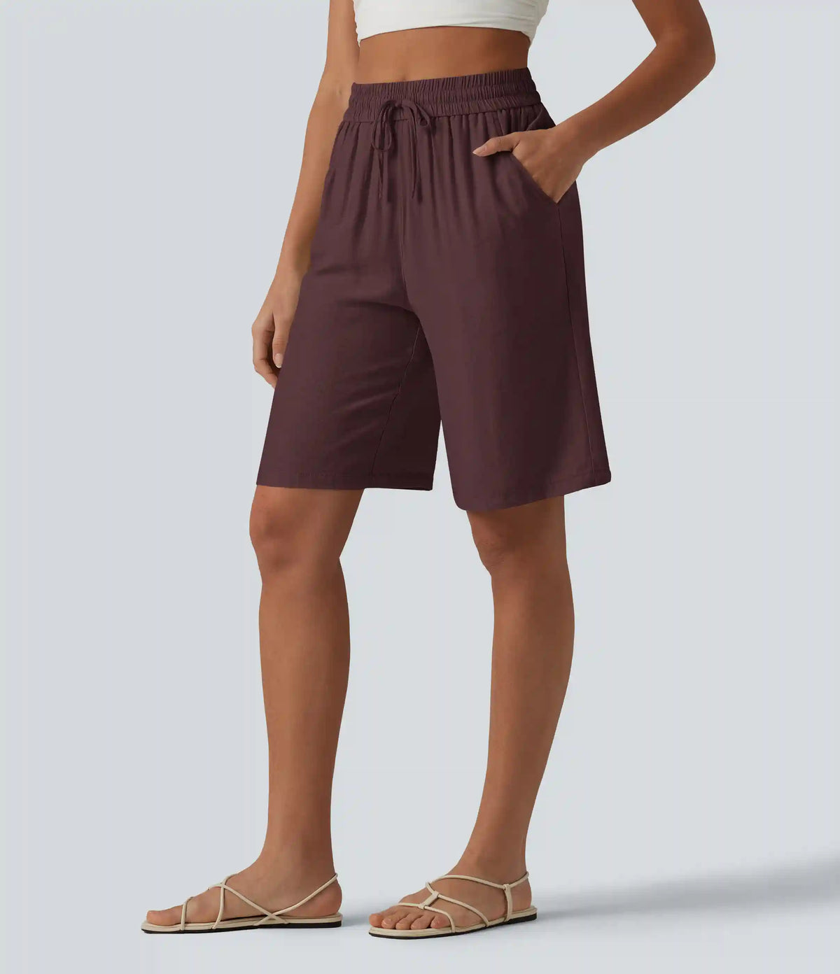 High Waisted Drawstring Casual Linen-Blend Bermuda Shorts 10'' with Pockets