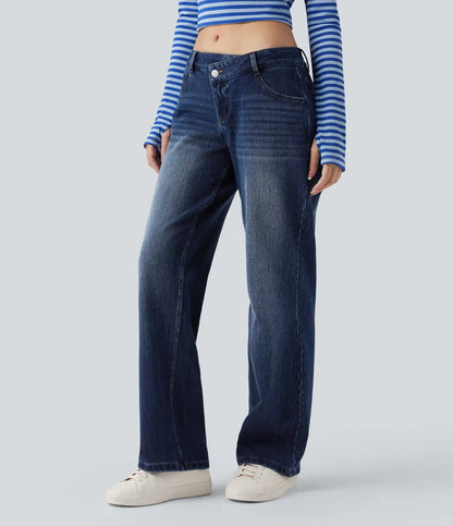 Halara Flex™ Asymmetric Low Rise Straight Leg Casual Jeans with Pockets