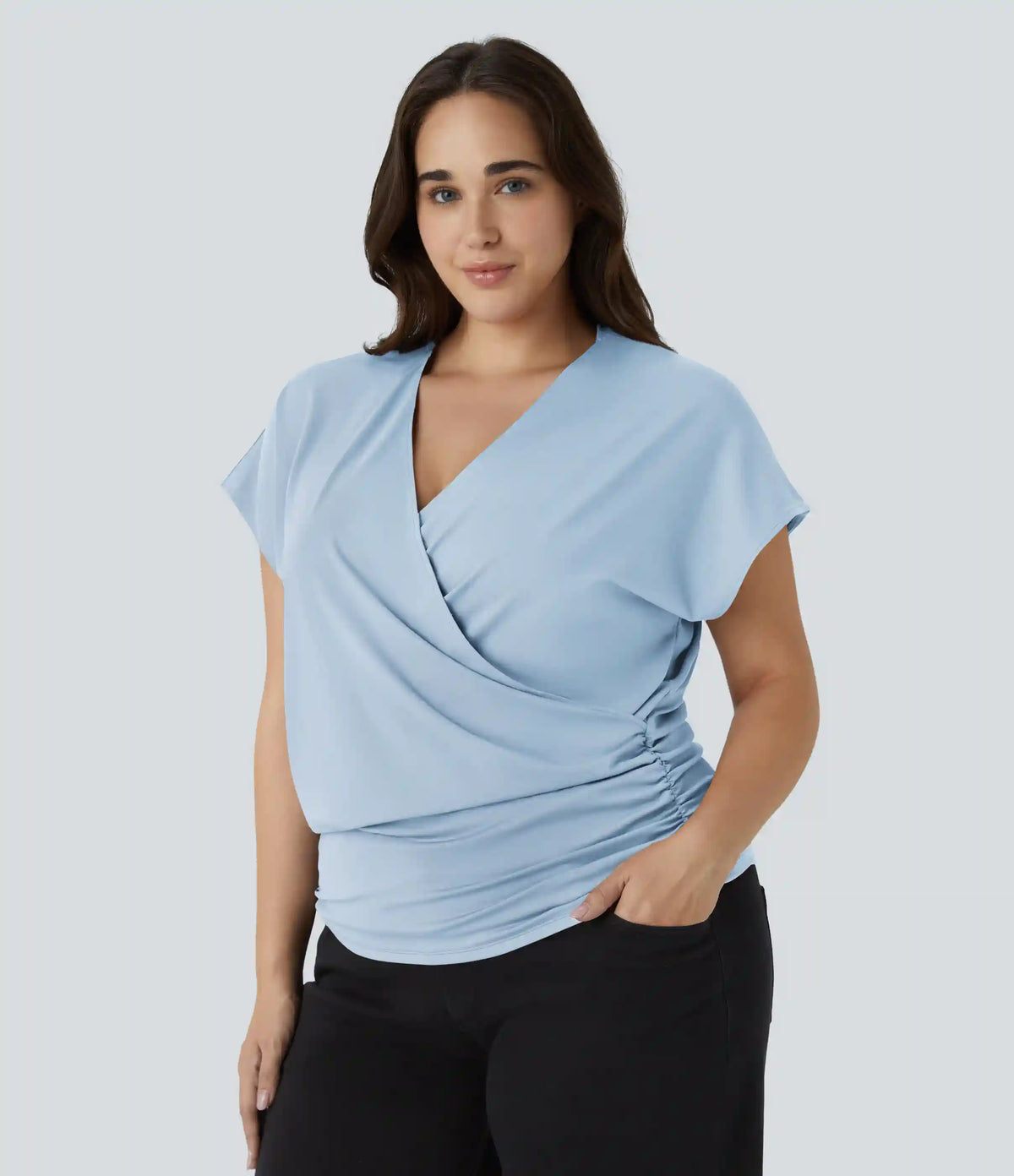 V Neck Cap Sleeve Crossover Ruched Solid Work Plus Size Blouse