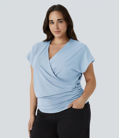 V Neck Cap Sleeve Crossover Ruched Solid Work Plus Size Blouse