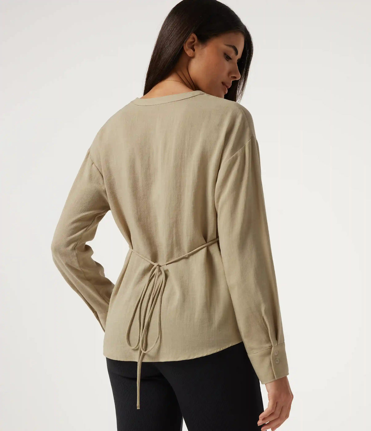 V Neck Twisted Long Sleeve Tie Back Casual Linen-Feel Blouse