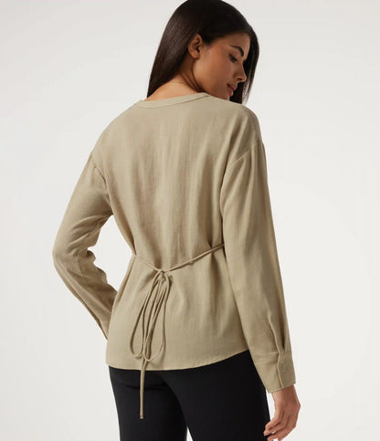 V Neck Twisted Long Sleeve Tie Back Casual Linen-Feel Blouse