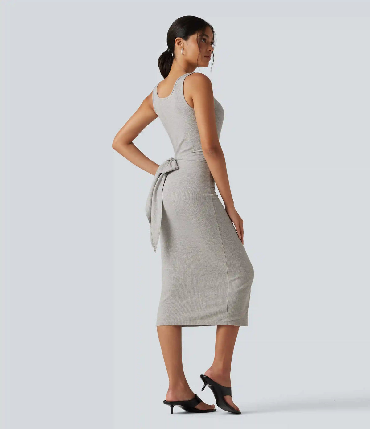 Ribbed Knit U Neck Sleeveless Heathered Bodycon Midi Casual Dress