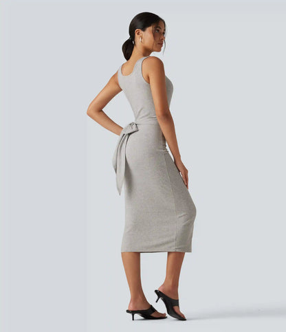 Ribbed Knit U Neck Sleeveless Heathered Bodycon Midi Casual Dress
