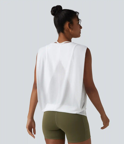 Sheer Mesh Round Neck Ruched Running Tank Top