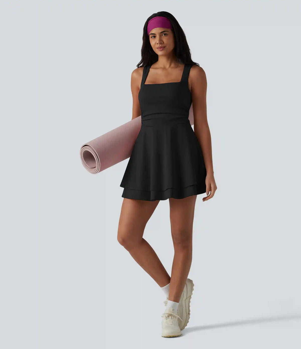 SoftlyZero™ Airy Square Neck Built-in Bra Sleeveless 2-in-1 Layered InstantCool Mini Yoga Active Dress with Pockets-Easy Peezy Edition