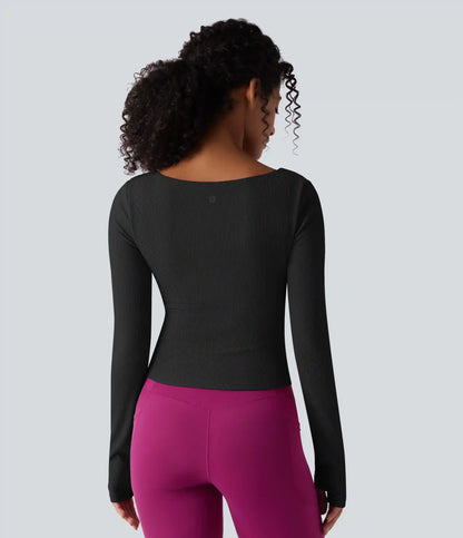 Ribbed Square Neck Push-Up Long Sleeve Thumb Hole Yoga Sports Top DD-F Cups