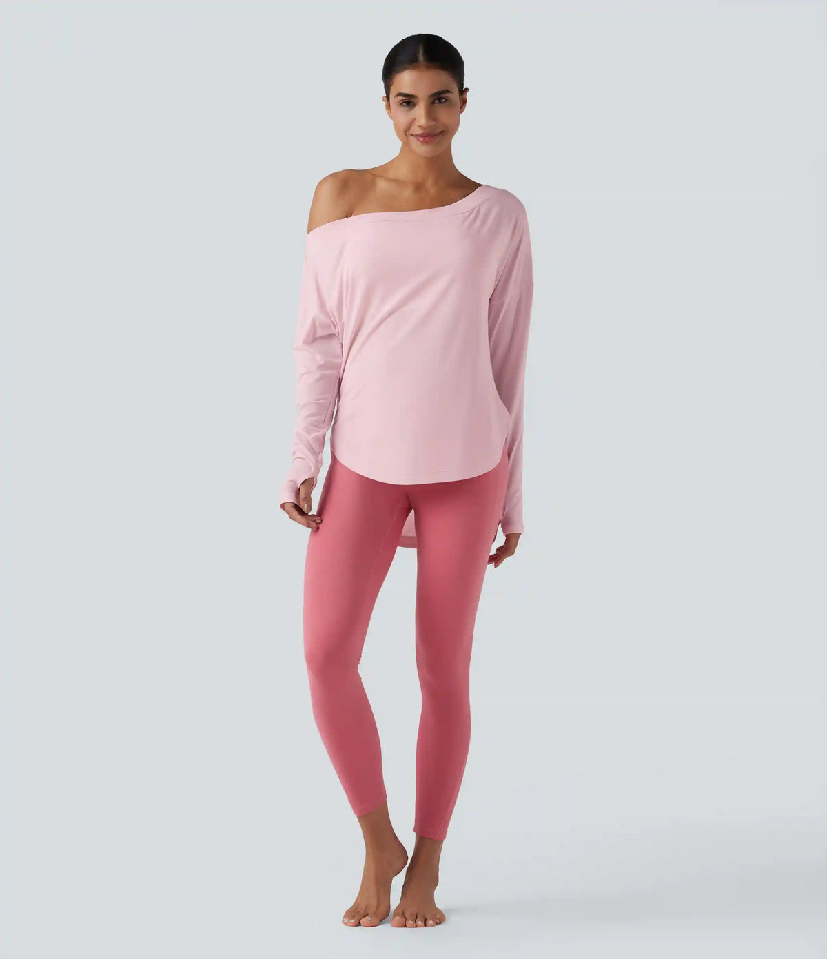 One Shoulder Long Sleeve Thumb Hole Curved Hem High Low Quick Dry Yoga Sports Top-Built-in Bra