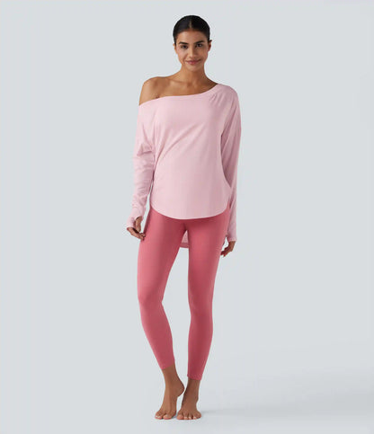 One Shoulder Long Sleeve Thumb Hole Curved Hem High Low Quick Dry Yoga Sports Top-Built-in Bra