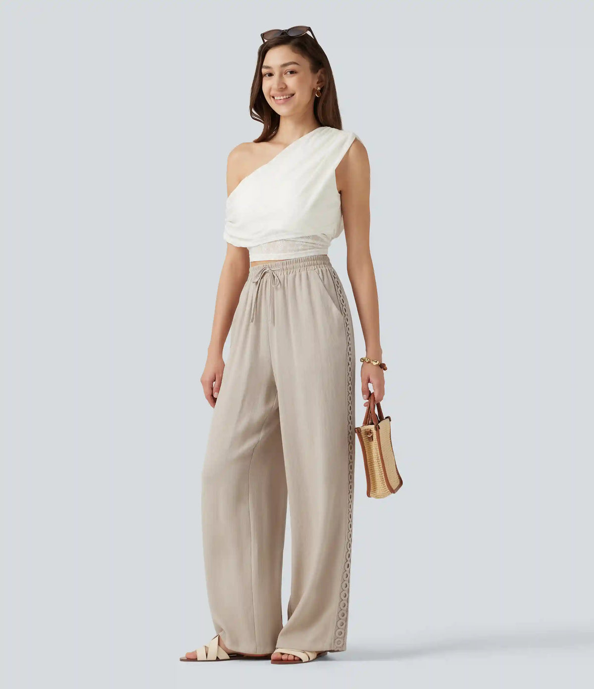 High Waisted Drawstring Casual Linen-Feel Pants with Pockets