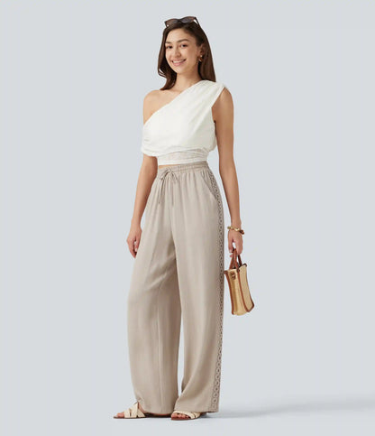 High Waisted Drawstring Casual Linen-Feel Pants with Pockets