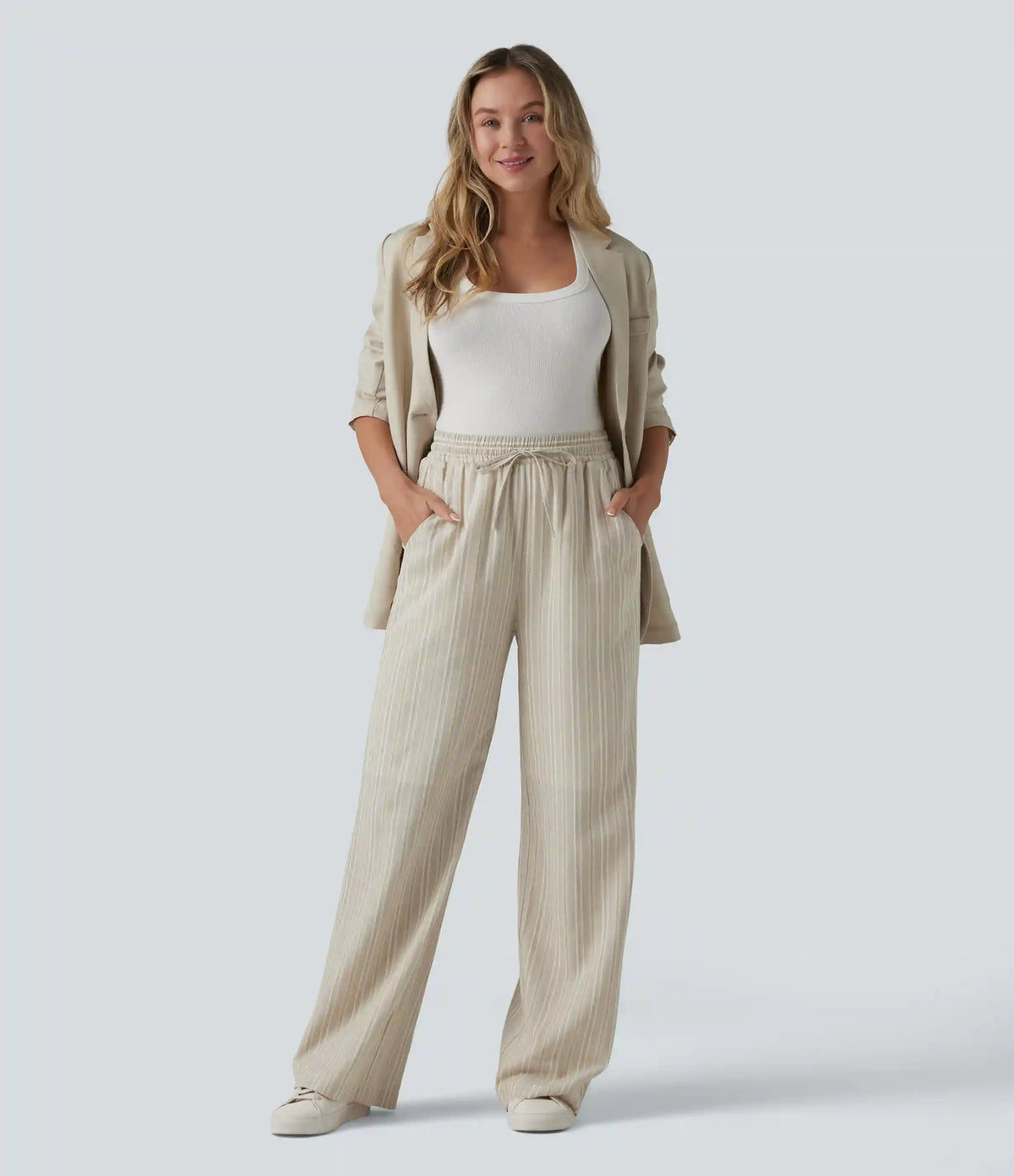 High Waisted Drawstring Stripes Linen Work Baggy Pants with Pockets
