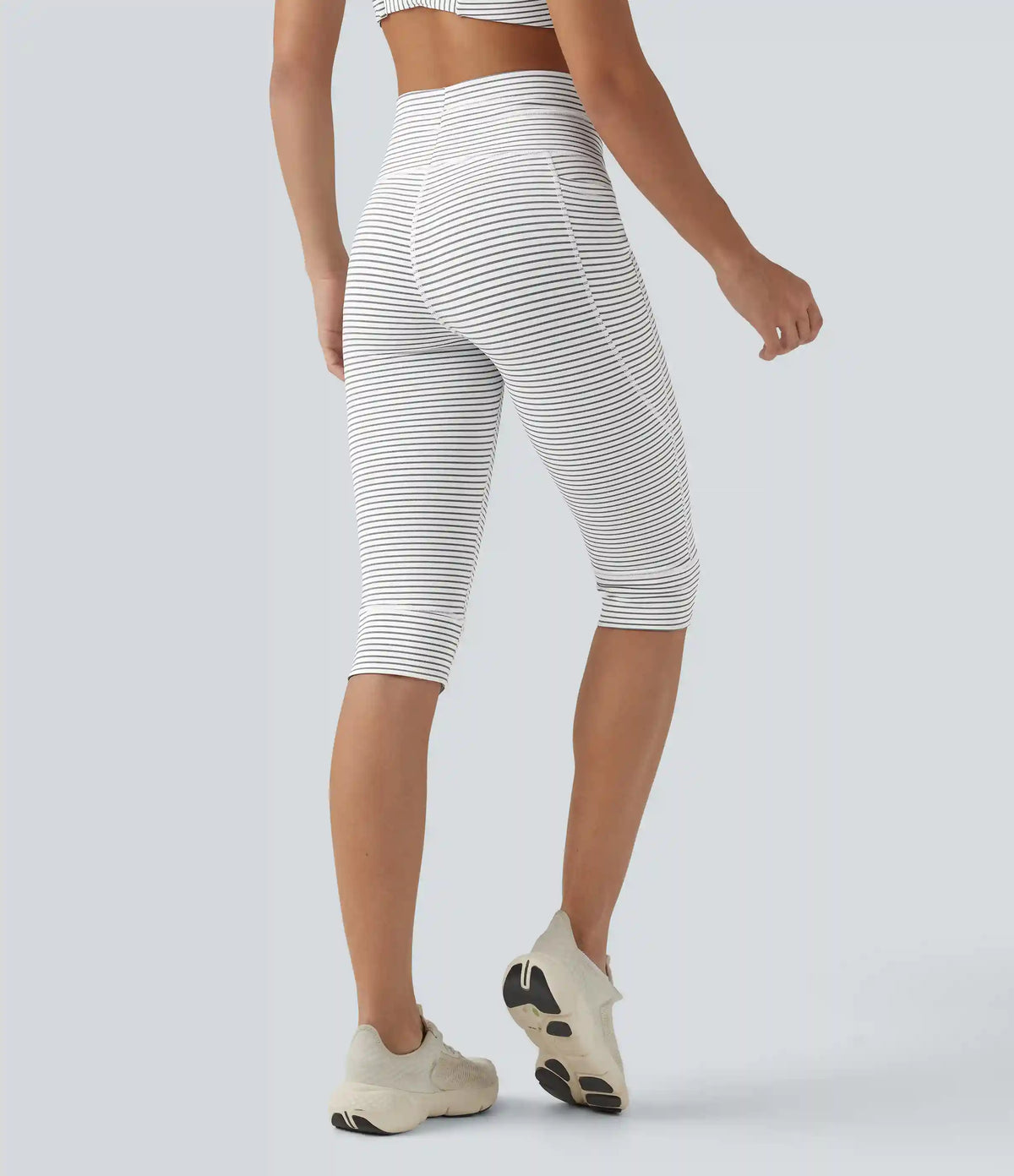 High Waisted Drawstring Stripe Pedal Pusher Yoga Leggings with Pockets