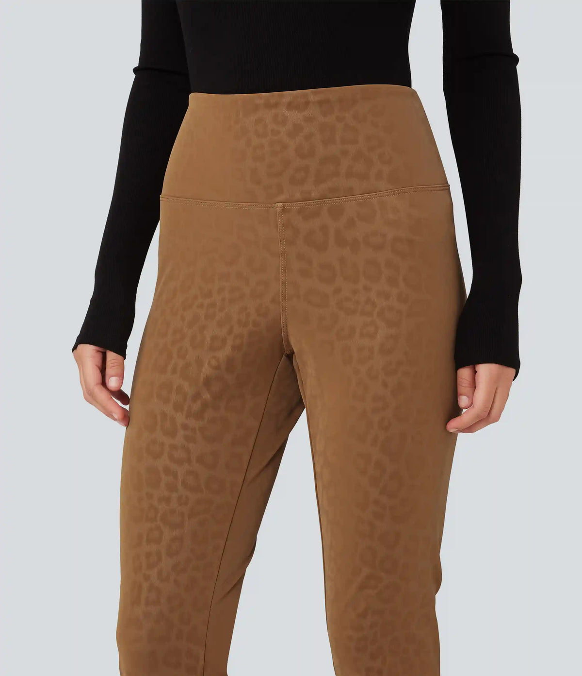 High Waisted Tummy Control Stretchy PU Leopard Print Fleece Casual Leggings with Pockets