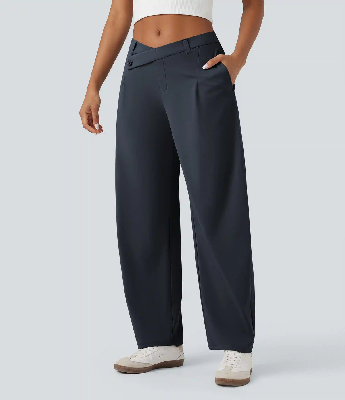 Halara Flex™ DayStretch Asymmetric Mid Rise Barrel Leg Work Pants with Pockets