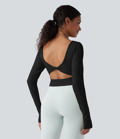 Seamless Flow Twisted Backless Scoop Neck Long Sleeve Thumb Holes Cropped Yoga Sports Top