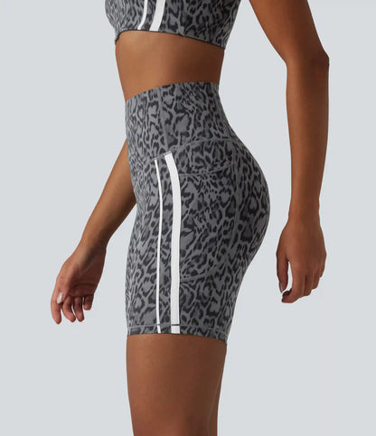 Halara UltraSculpt™ Leopard Print High Waisted Tummy Control Color Block Stripes Training Biker Shorts 7'' with Pockets