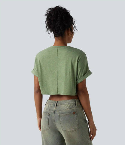 Round Neck Short Sleeve Relaxed Cropped Heathered Casual T-Shirt with Pocket