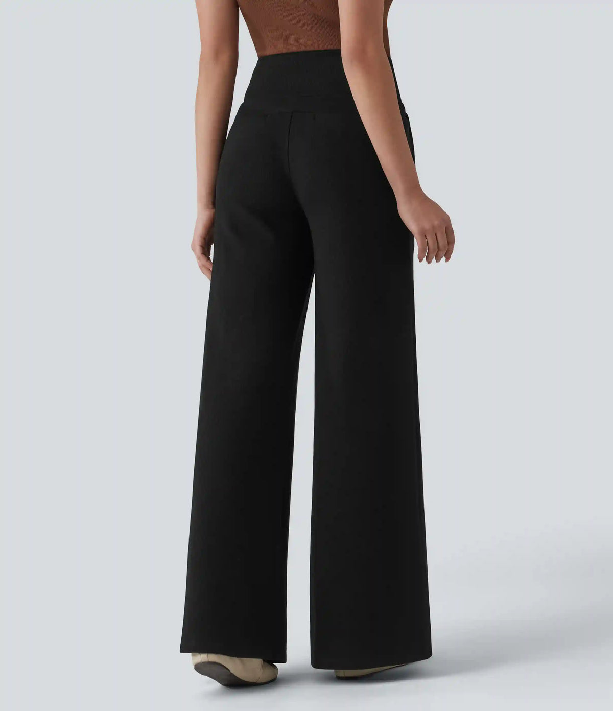 Ribbed Knit High Waisted Drawstring Tummy Control Casual Bootcut Pants with Pockets