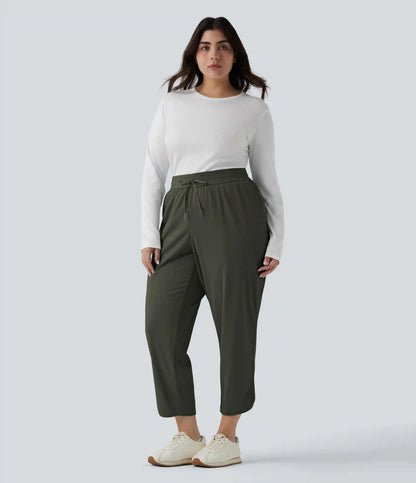 Plus Size Mid Rise Drawstring Curved Hem Quick Dry Golf Tapered Pants with Pockets-UPF40+