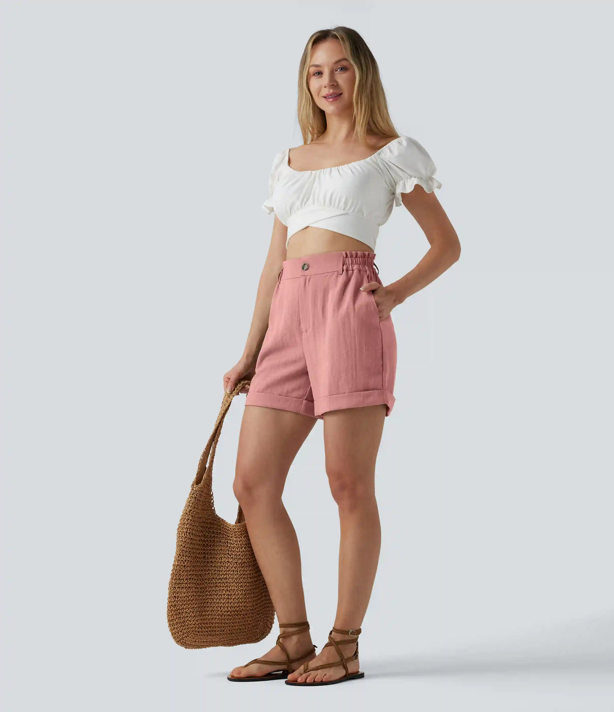 High Waisted Rolled Hem Linen-Feel Resort Shorts 5'' with Pockets
