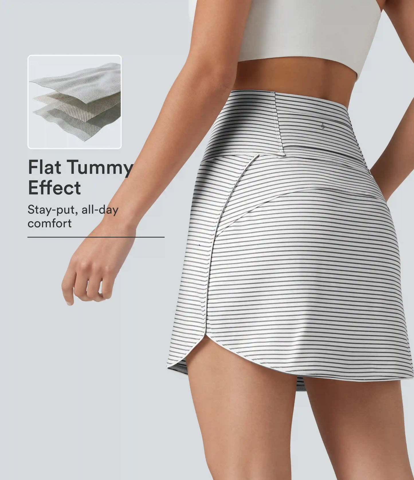 Ultra High-Waist Tummy Control Curved Hem 2-in-1 Stripes Golf Mini Skirt with Pockets