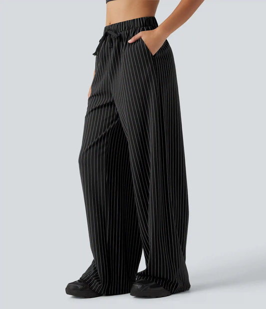 Mid Rise Drawstring Straight Leg InstantCool Stripe Tennis Pants with Pockets