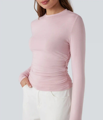 Round Neck Long Sleeve Ruched Casual Top