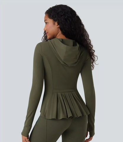 SoftlyZero™ Hooded Long Sleeve Thumb Hole Pleated Jacket with Pockets