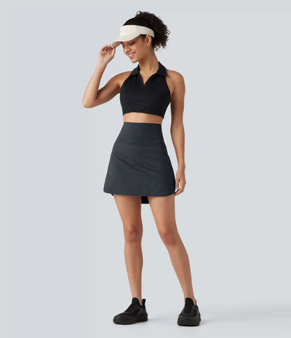 Ultra High-Waist Tummy Control Curved Hem 2-in-1 Stripes Golf Mini Skirt with Pockets