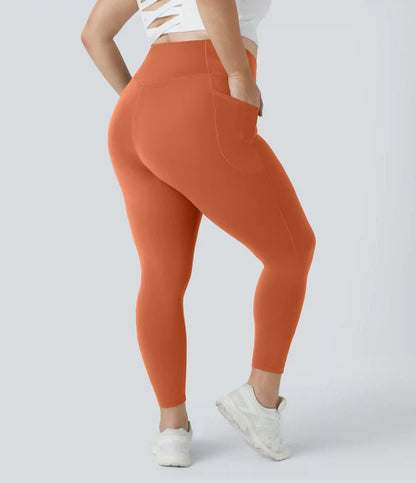 SoftlyZero™ High Waisted Crossover Pocket Plain Plus Size Full Length Leggings