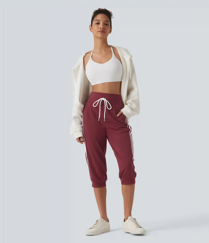 High Waisted Drawstring Stripe Capri Casual Joggers with Pockets