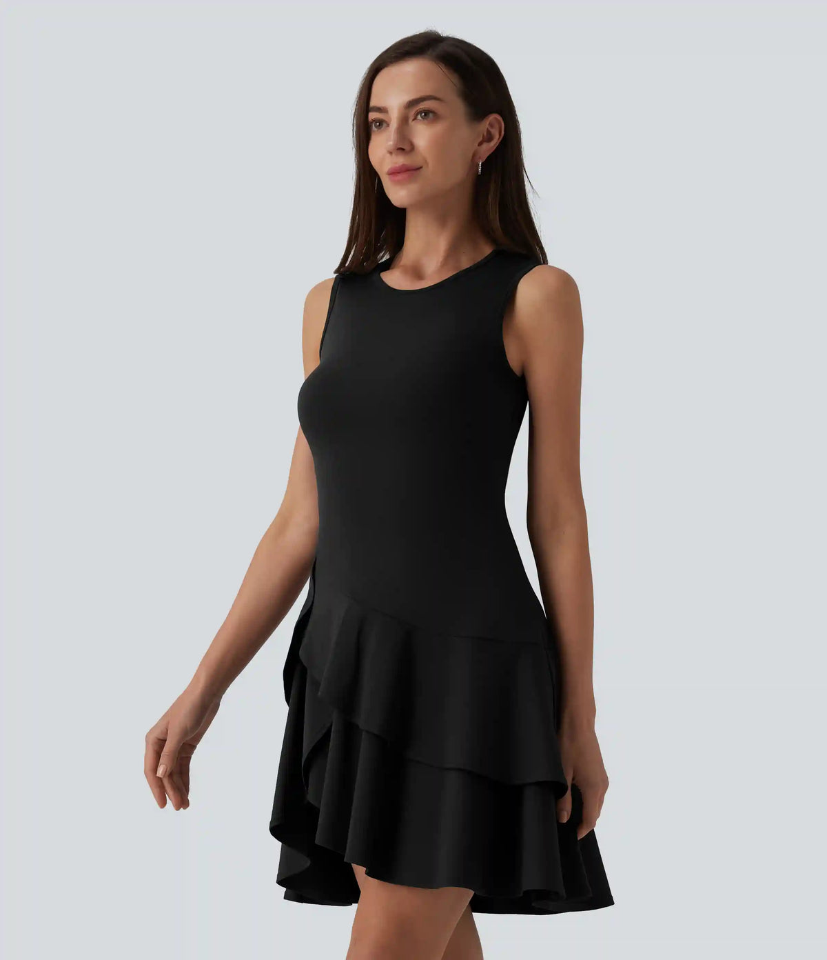 SoftlyZero™ Airy Round Neck Sleeveless Layered Ruffle Hem InstantCool Mini Casual Dress