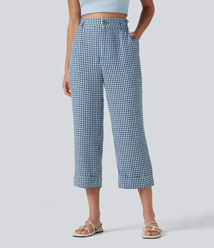 High Waisted Cropped Plaid Casual Linen-Feel Pants with Pockets