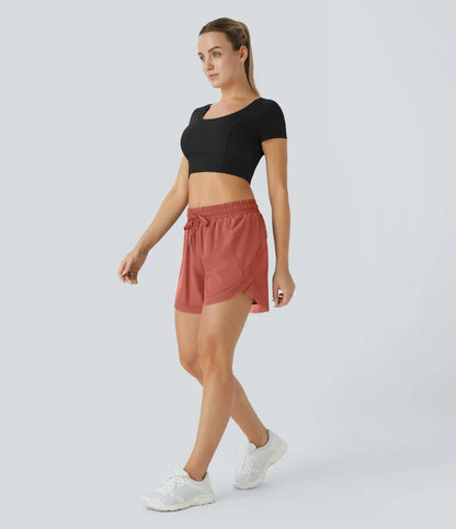 Mid Rise Drawstring Contrast Mesh 2-in-1 Flowy Running Shorts 5''