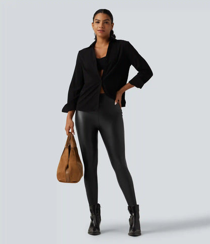 High Waisted Stretchy PU Fleece Skinny Casual Leggings with Pockets