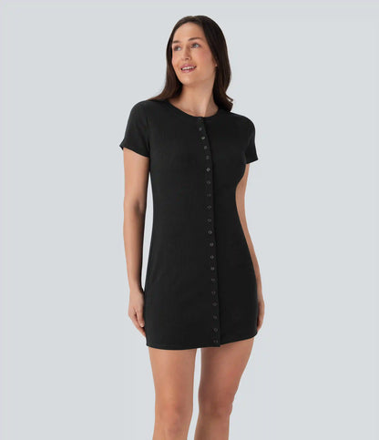 Ribbed Knit Round Neck Mini Casual Dress