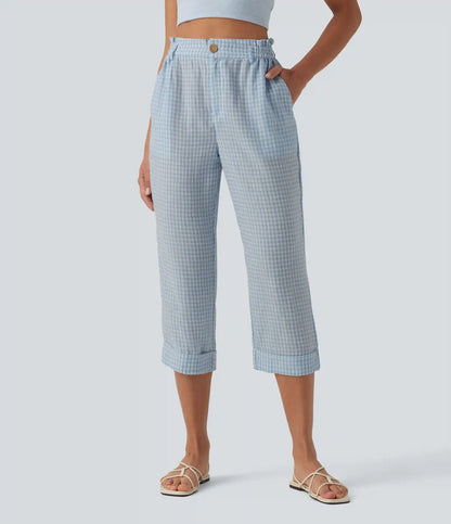High Waisted Cropped Plaid Casual Linen-Feel Pants with Pockets