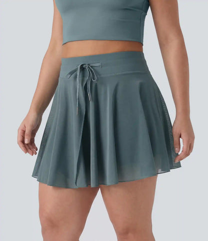 Plus Size High Waisted Drawstring Contrast Mesh 2-in-1 Flowy Mini Flare Casual Skirt with Pockets-Longer Length