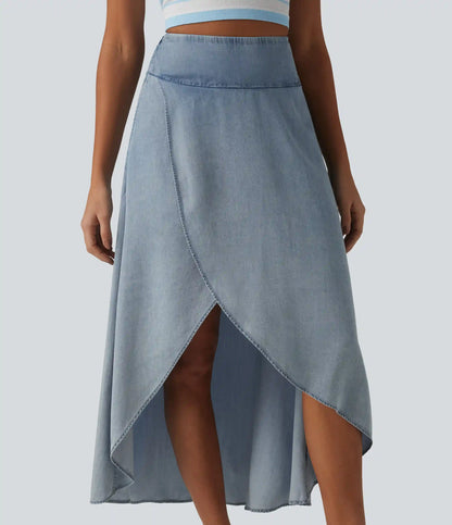 High Waisted Invisible Zipper Asymmetric Hem Midi Draped Lyocell Denim Casual Flowy Skirt with Pockets