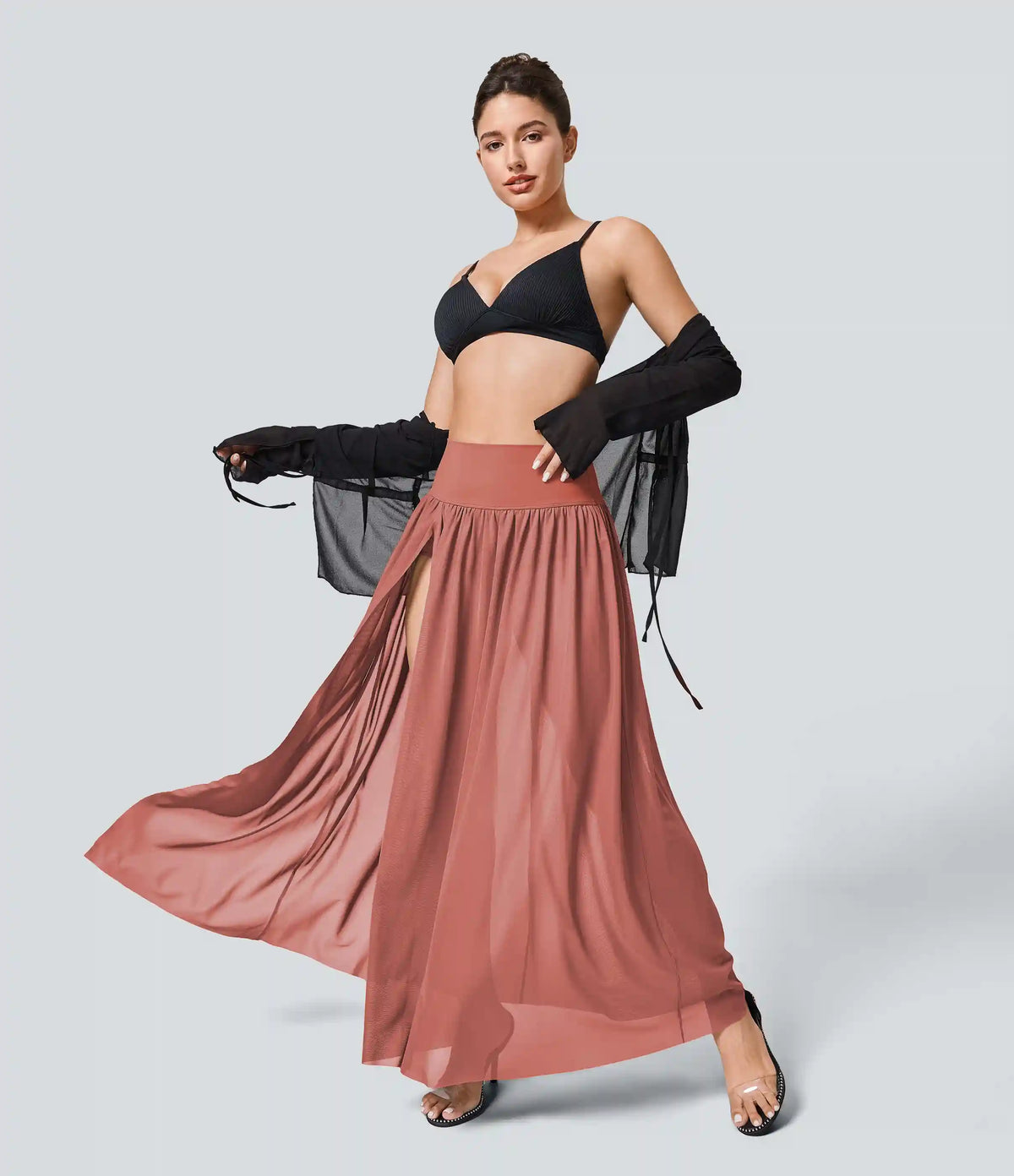High Waisted 2-in-1 Mesh Flowy Maxi Casual Skirt