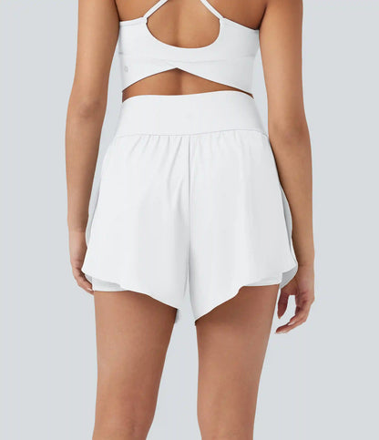 SoftlyZero™ QuickDry High Waisted Tummy Control Reflective Dots Crossover Hem 2-in-1 Running Shorts 5'' with Pockets