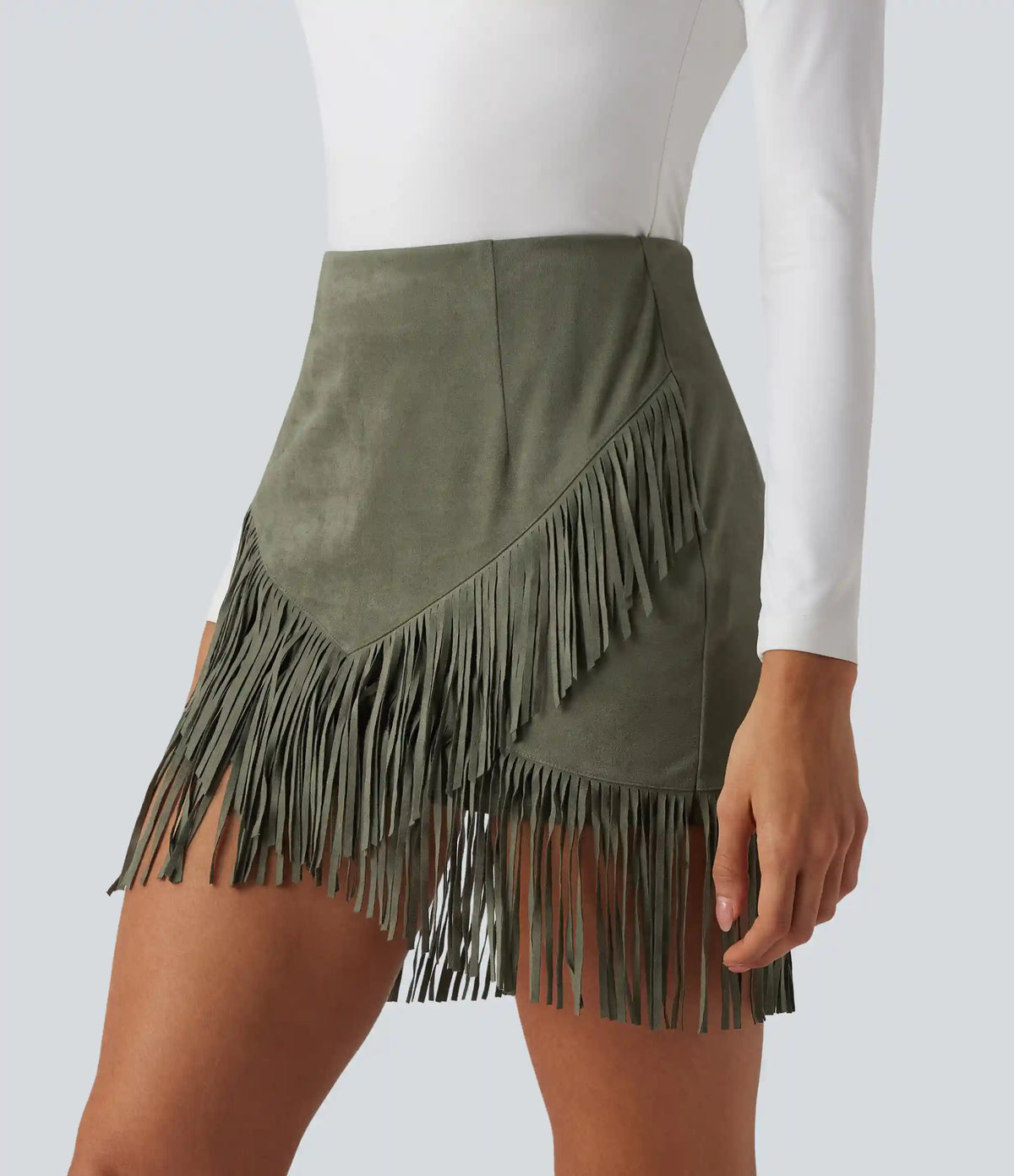 High Waisted 2-in-1 Fringe Hem Bodycon Mini Suede Casual Skirt