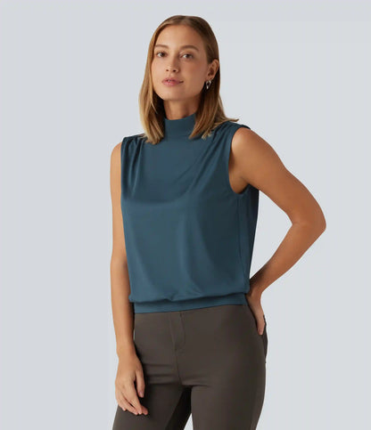 Stand Collar Ruched Work Tank Top
