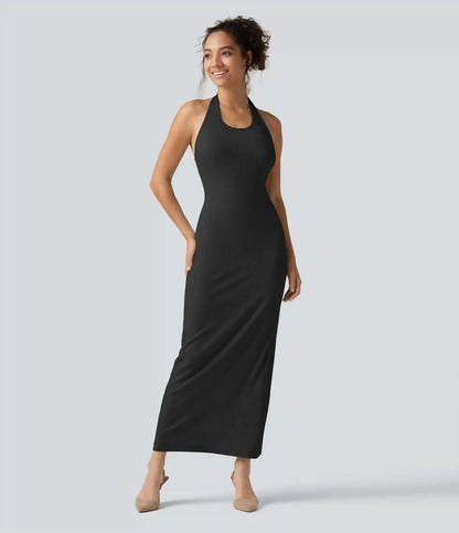 Ribbed Knit Halter Bodycon Midi Dress