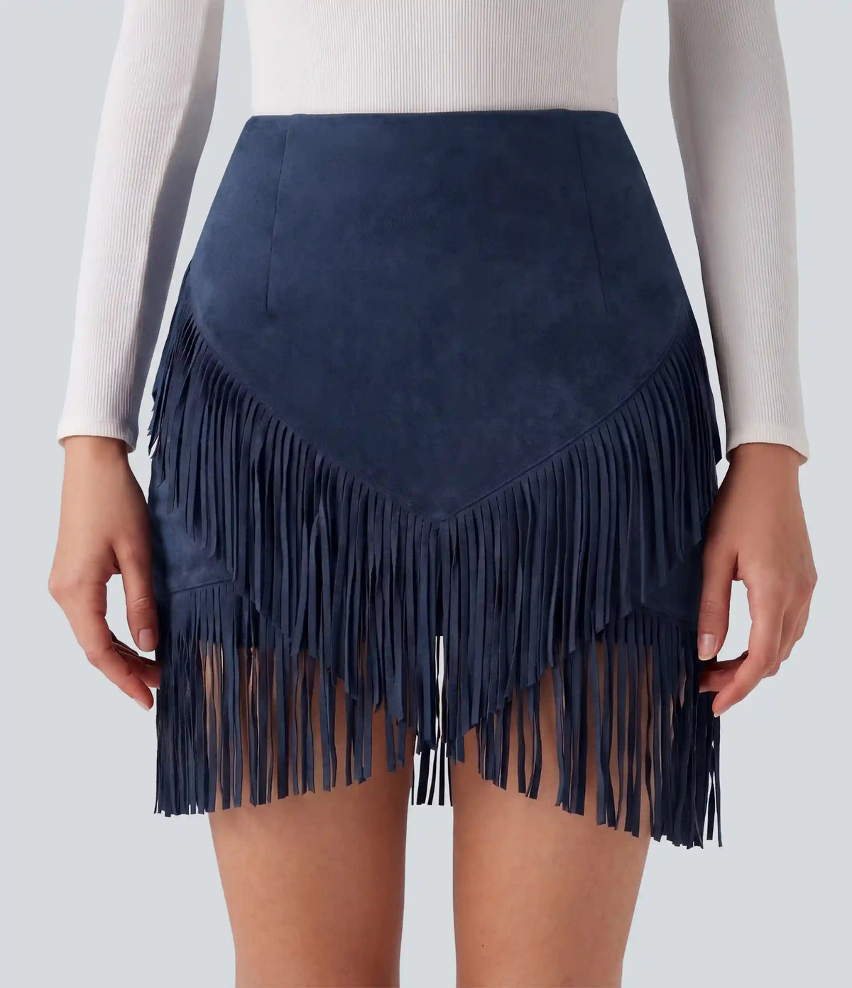 High Waisted 2-in-1 Fringe Hem Bodycon Mini Suede Casual Skirt