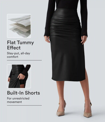High Waisted Tummy Control Ruched Curved Hem 2-in-1 Fleece PU Midi Casual Skirt