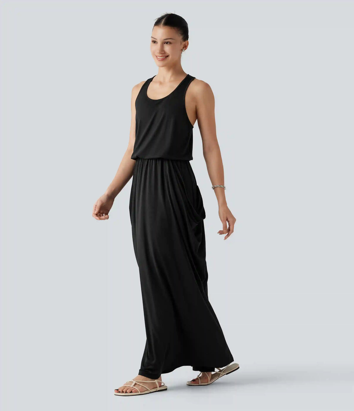 Sleeveless Cut-Out Back Maxi Casual Draped Dress with Pockets