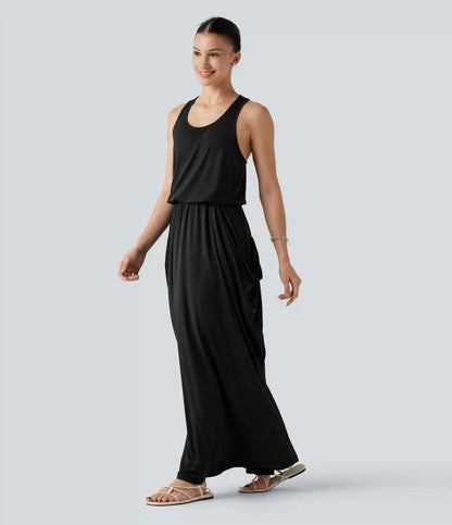 Sleeveless Cut-Out Back Maxi Casual Draped Dress with Pockets