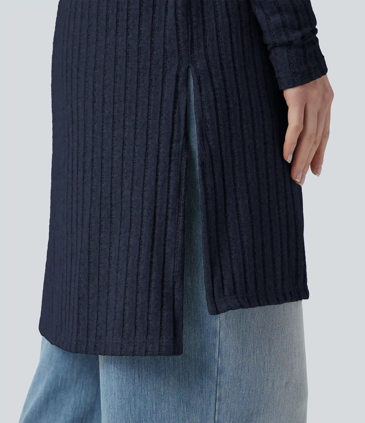 Ribbed Knit Long Sleeve Split Casual Cardigan